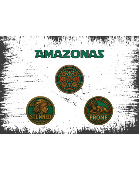 Set Fichas Amazonas Blood Bowl – Logo 35 mm + PRONE/STUNNED 25 m