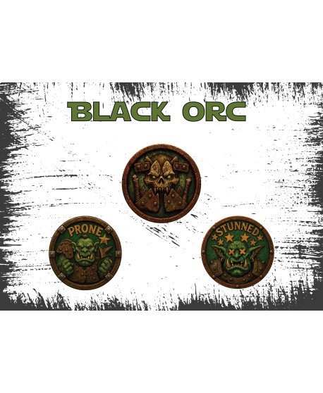 Set Fichas Black Orc Blood Bowl – Logo 35 mm + PRONE/STUNNED 25 m