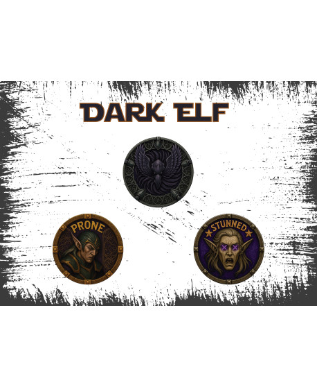 Set Fichas Dark Elf Blood Bowl – Logo 35 mm + PRONE/STUNNED 25 m
