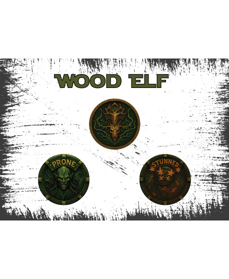 Set Fichas Wood Elf Blood Bowl – Logo 35 mm + PRONE/STUNNED 25 m