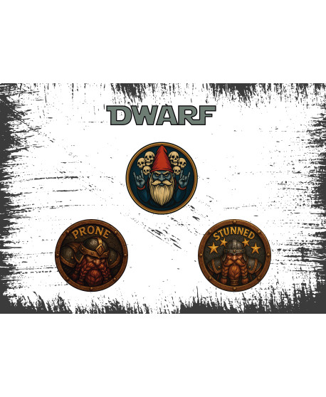 Set Fichas Dwarf Blood Bowl – Logo 35 mm + PRONE/STUNNED 25 m