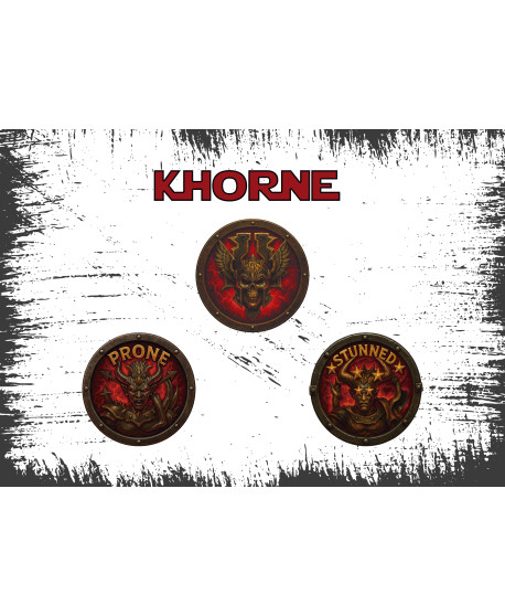 Set Fichas Khorne Blood Bowl – Logo 35 mm + PRONE/STUNNED 25 m