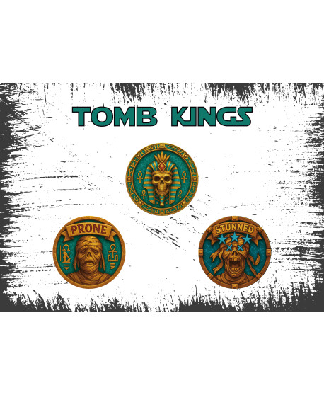 Set Fichas Tomb Kings Blood Bowl – Logo 35 mm + PRONE/STUNNED 25 m